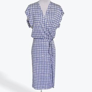 Diane von Furstenberg DVF Mindy Silk Wrap Dress Blue White Geometric Print 10